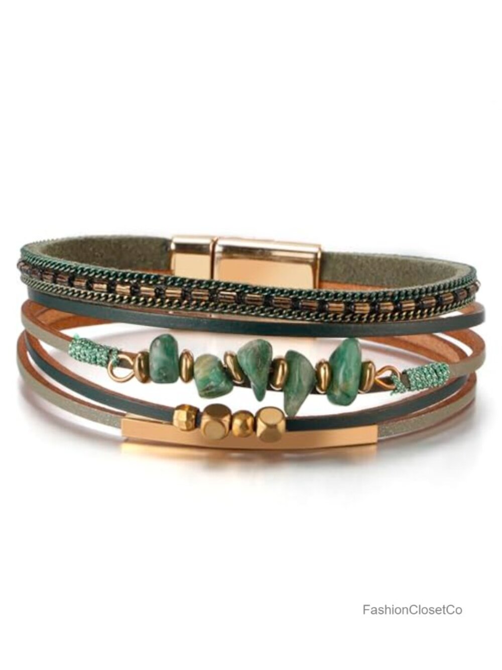 Boho Western Leather Wrap Bracelet Women Layered Green Beads Cuff
